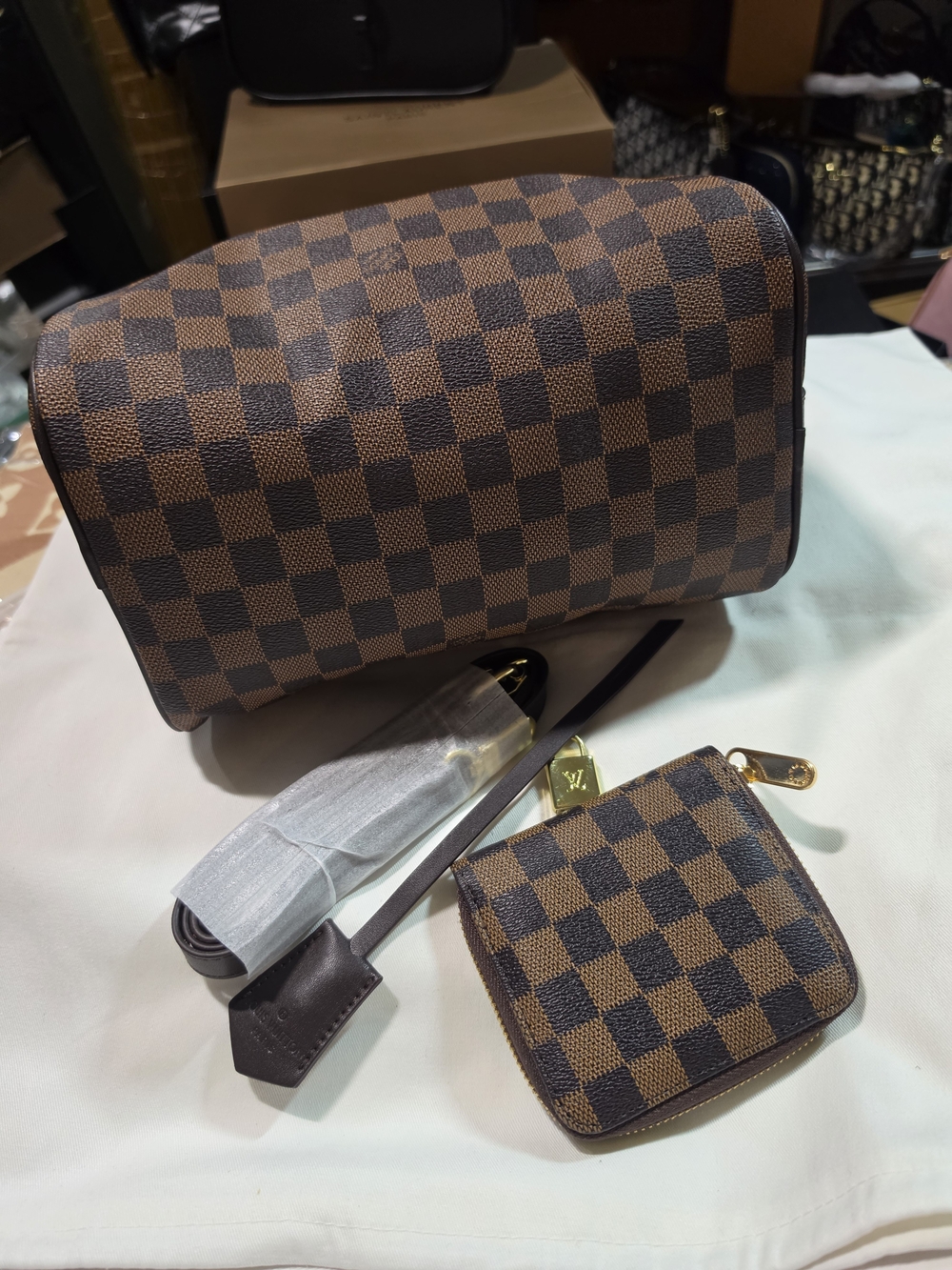 Elegant Brown Checker Satchel with Matching Coin Wallet - Picture 4 of 5